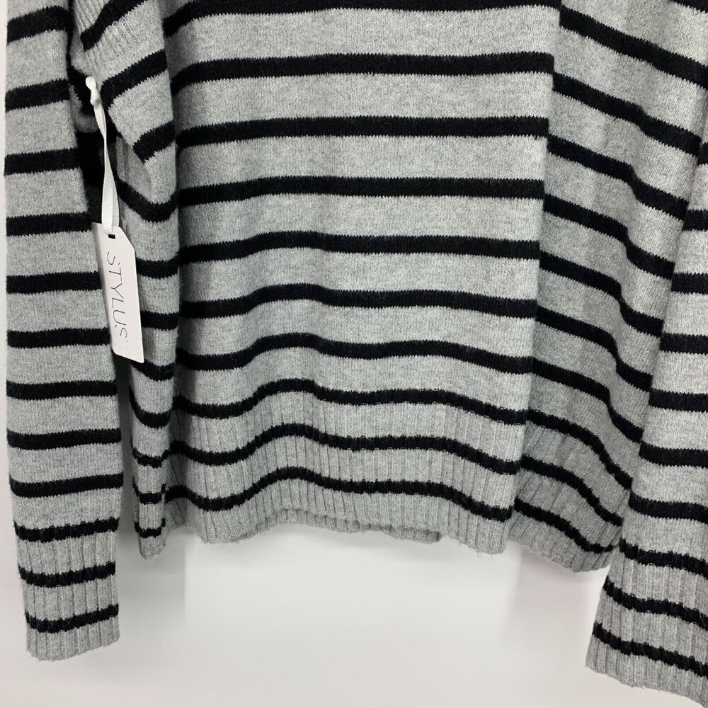 Stylus Sweater Gray Black Stripe V Neck Long Sleeve Pullover NWT - Picture 11 of 12